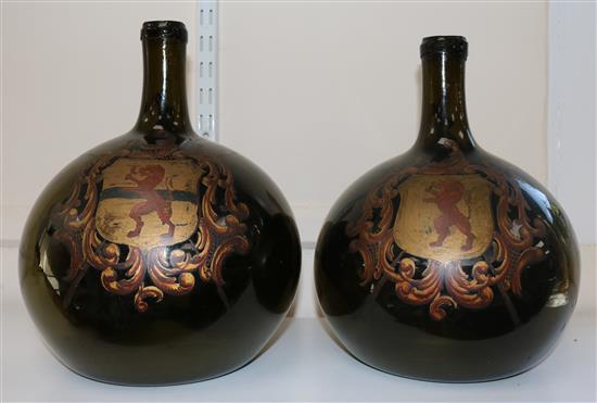 Naval Interest: A large pair of Dutch oil painted glass bottles, 30.5cm
